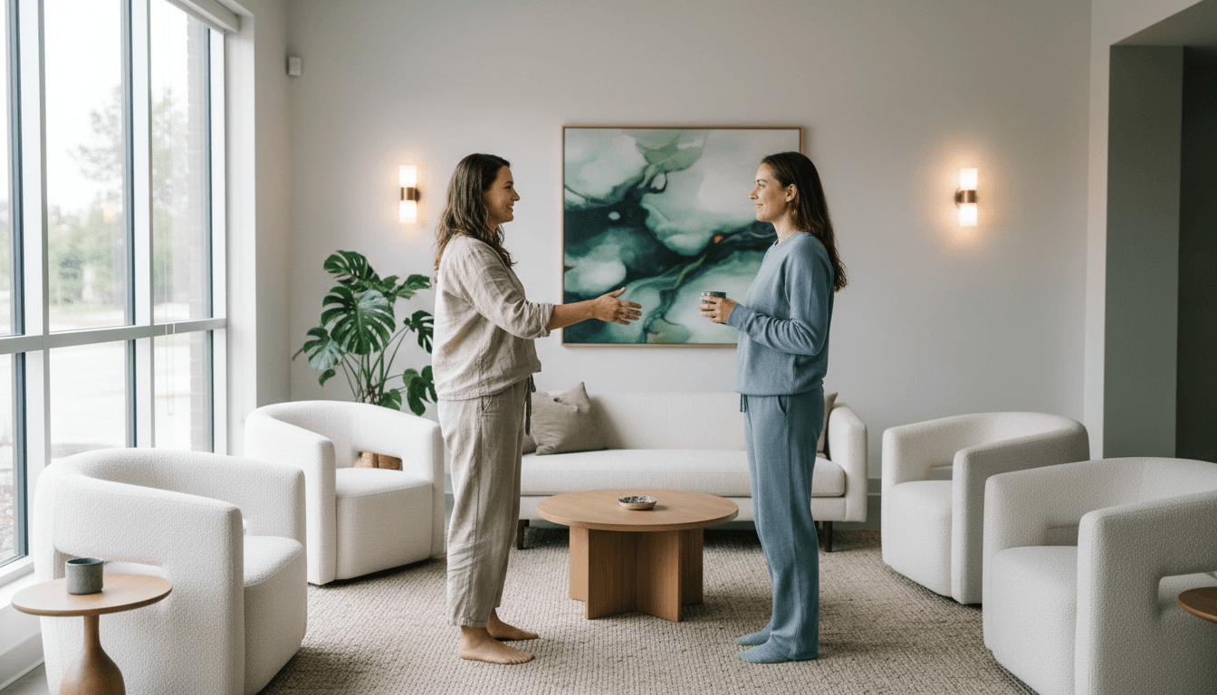 Facilitator greeting and welcoming a new client into the service center